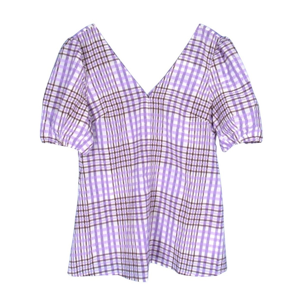 MARE MARE X ANTHROPOLOGIE Lilac PLAID Thin Seersucker V-NECK Puff Sleeve TOP XS